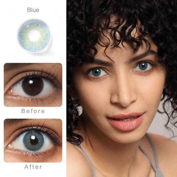 cloud blue colored contacts wearing effect comparison of before and after