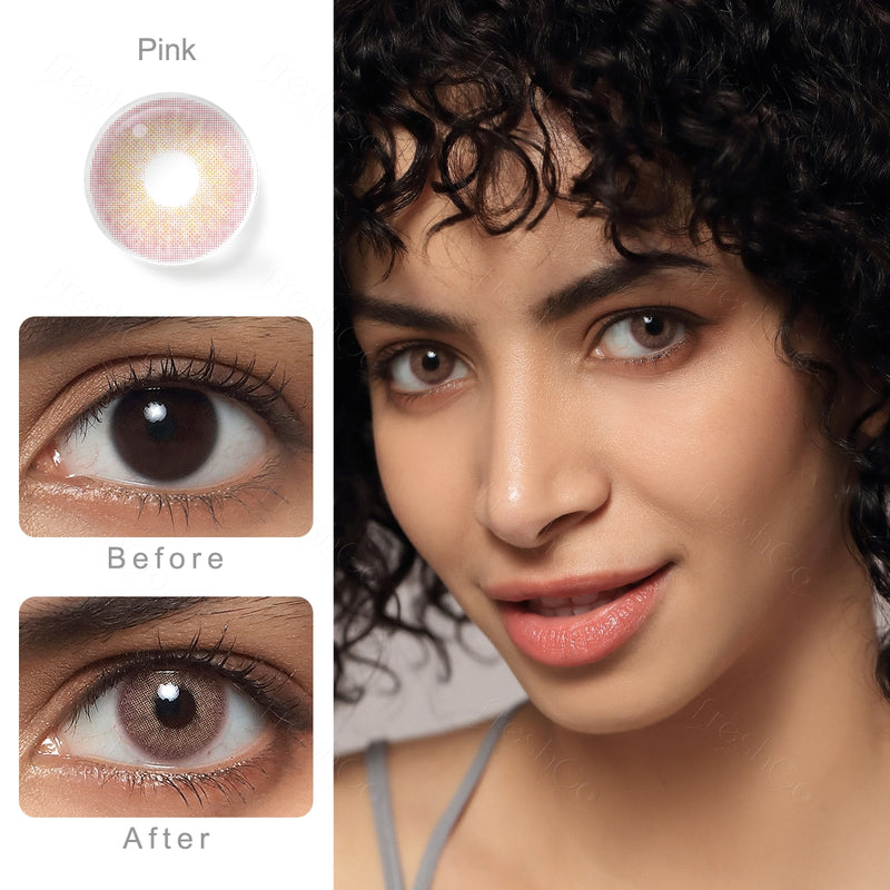 cloud pink colored contacts wearing effect comparison of before and after