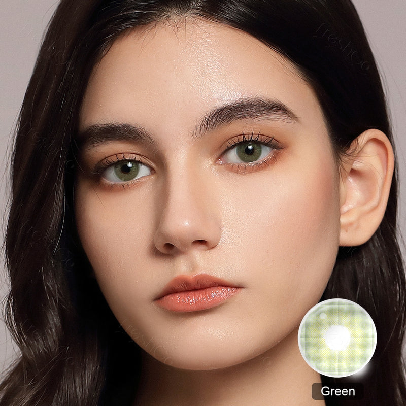 model wearing cloud green colored contacts