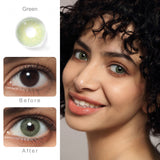cloud green colored contacts wearing effect comparison of before and after