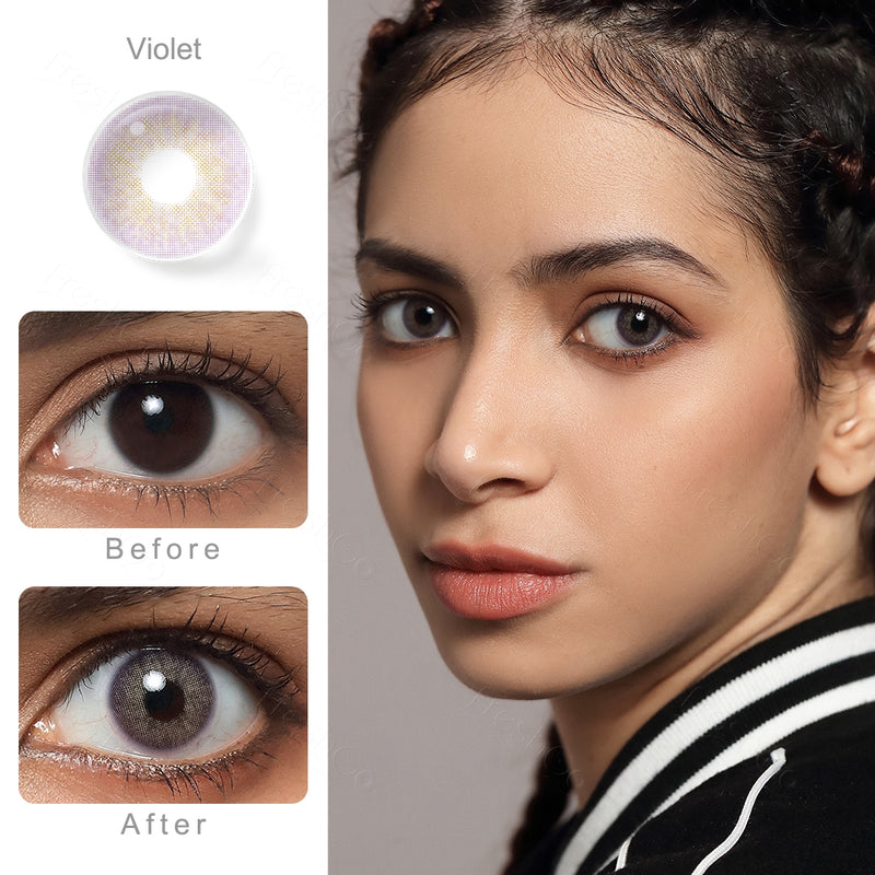 cloud violet colored contacts wearing effect comparison of before and after