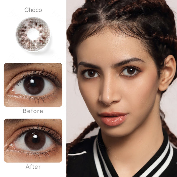 cloud choco colored contacts wearing effect comparison of before and after