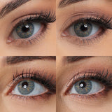 allure blue colored contacts wearing effect drawing from different angle