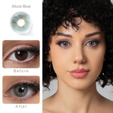 allure blue colored contacts wearing effect comparison of before and after