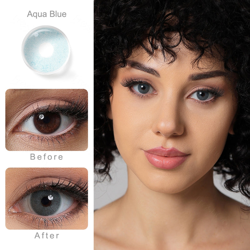 aqua blue colored contacts wearing effect comparison of before and after