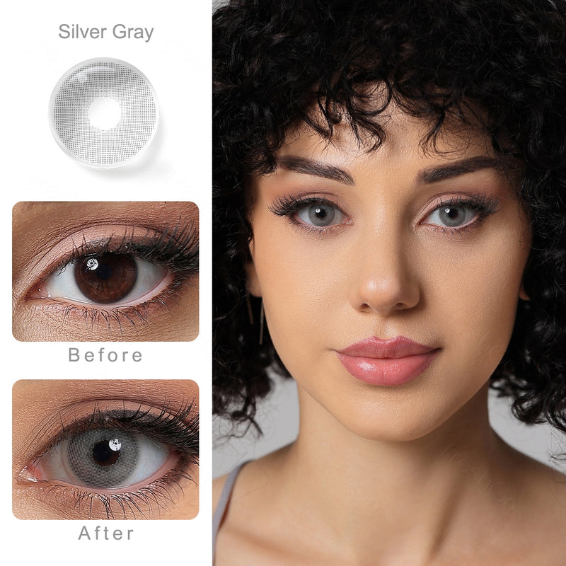 silver gray colored contacts wearing effect comparison of before and after