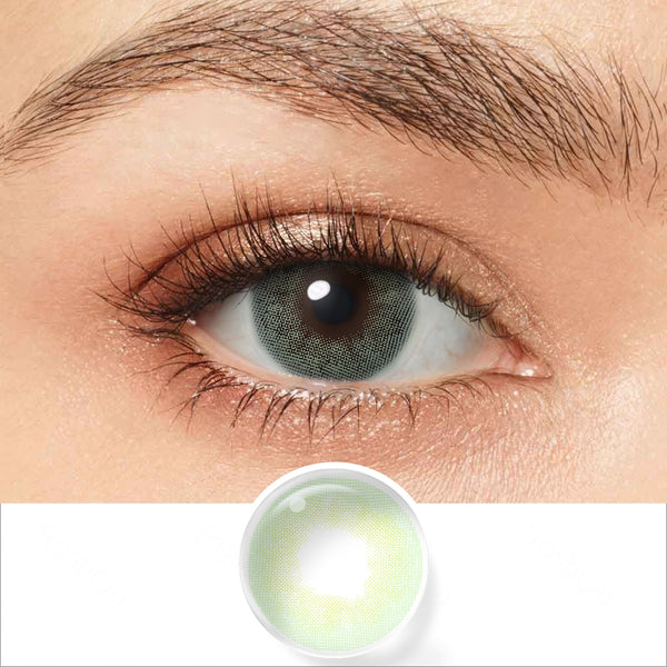 sage green colored contacts wearing effect drawing and plan lens