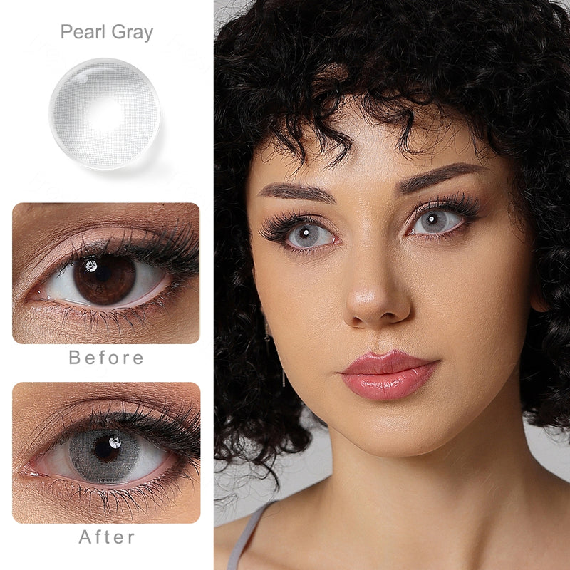 pearl gray colored contacts wearing effect comparison of before and after