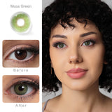 moss green colored contacts wearing effect comparison of before and after