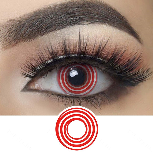 red spiral halloween contacts wearing effect drawing and plan lens